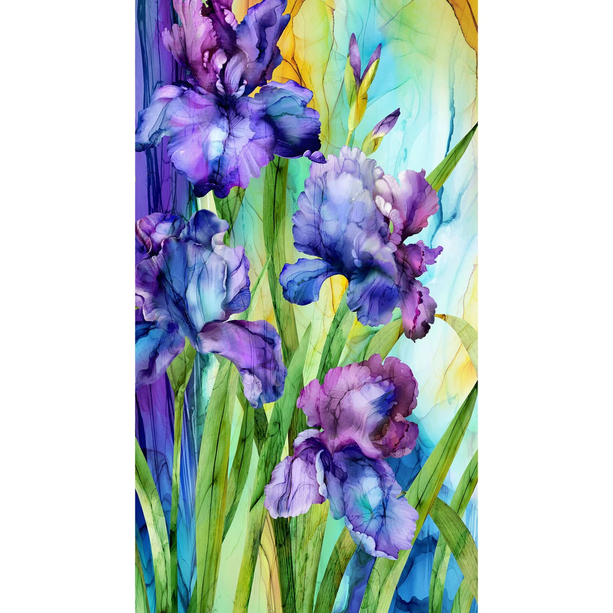 The Infatuation Purple Multi 24" Panel by Northcott features vibrant watercolor-style purple irises with green leaves on an abstract background. Bold lines and vivid colors evoke stained glass, perfect for quilt projects or fabric art.