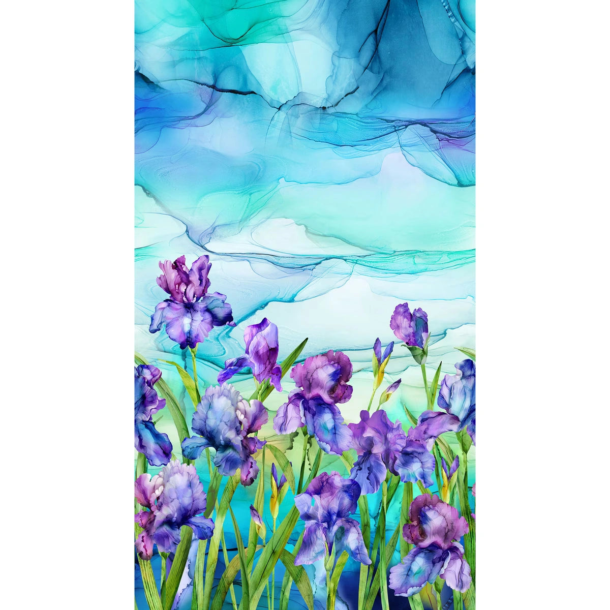 Watercolor painting of vibrant purple irises with green stems set against a dreamy blue and turquoise sky—perfect inspiration for a floral ombre fabric like the Northcott Infatuation Floral Ombre Purple Panel.