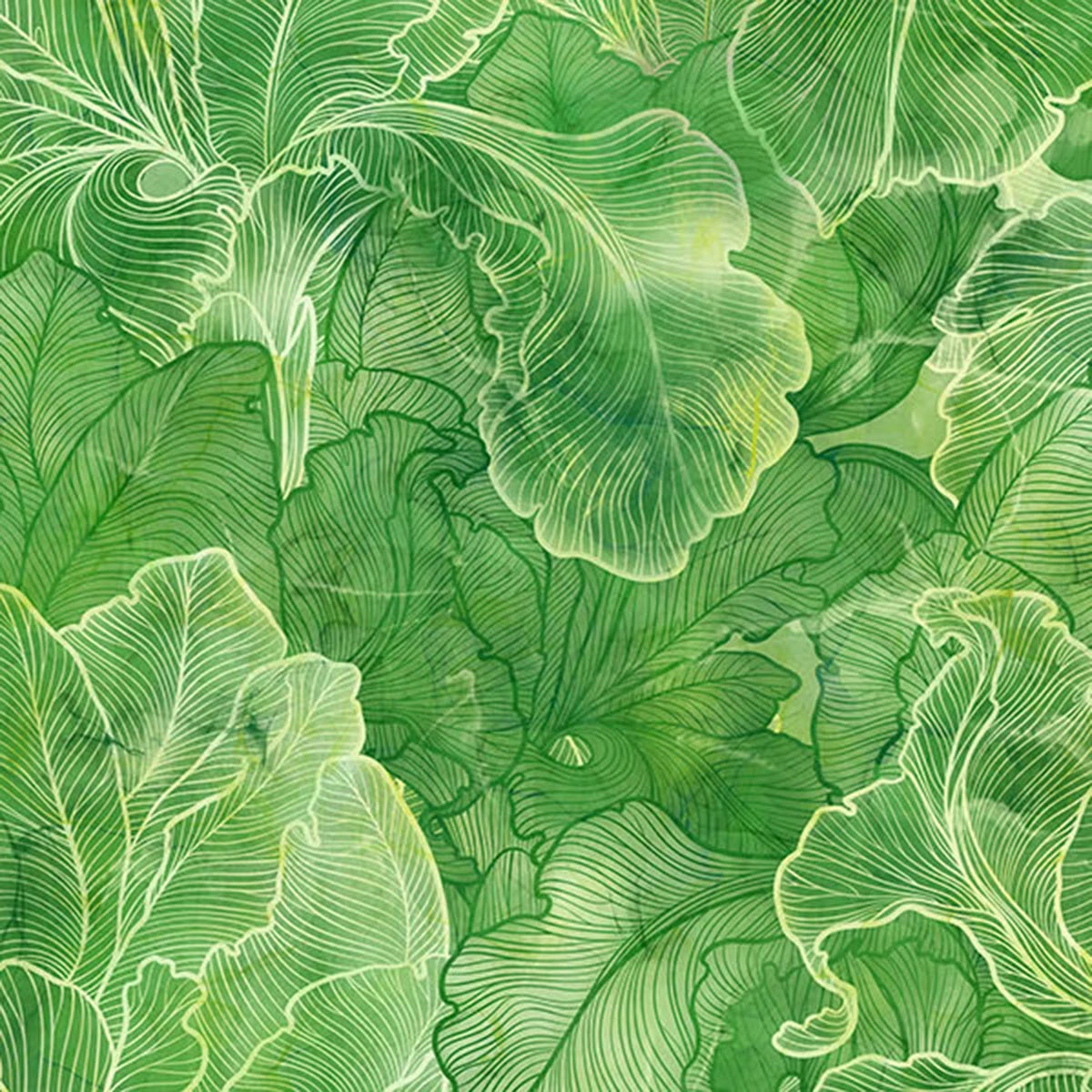 Infatuation Tonal Iris Green Fabric Yardage by Northcott features a seamless pattern of overlapping green leaves with intricate white veins, ideal for nature-inspired quilting or as a lush, textured botanical background.