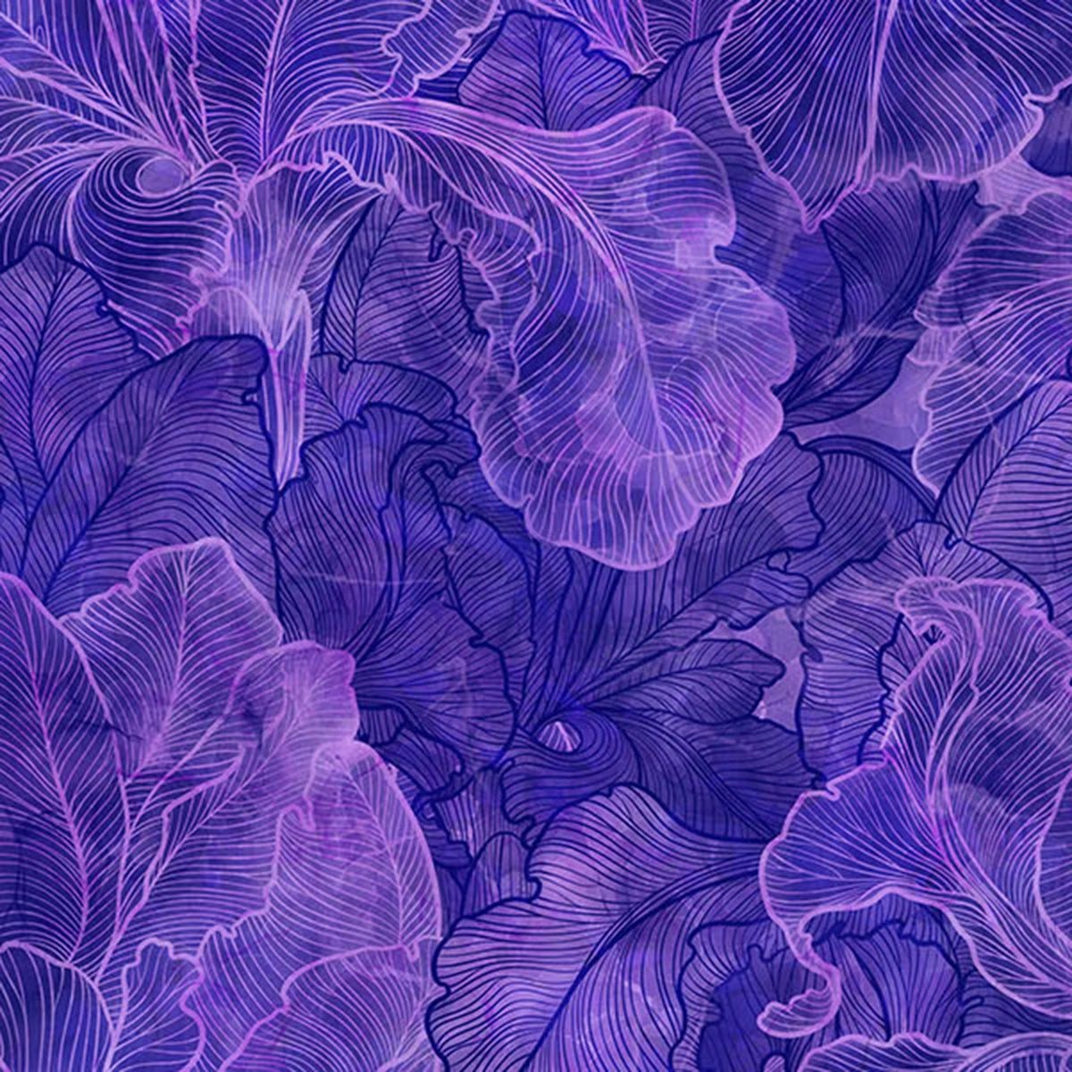 Infatuation Tonal Iris Purple Fabric Yardage by Northcott features an abstract pattern of overlapping purple leaves with fine white and pink veins, creating a textured, layered look—ideal for iris purple quilting projects.