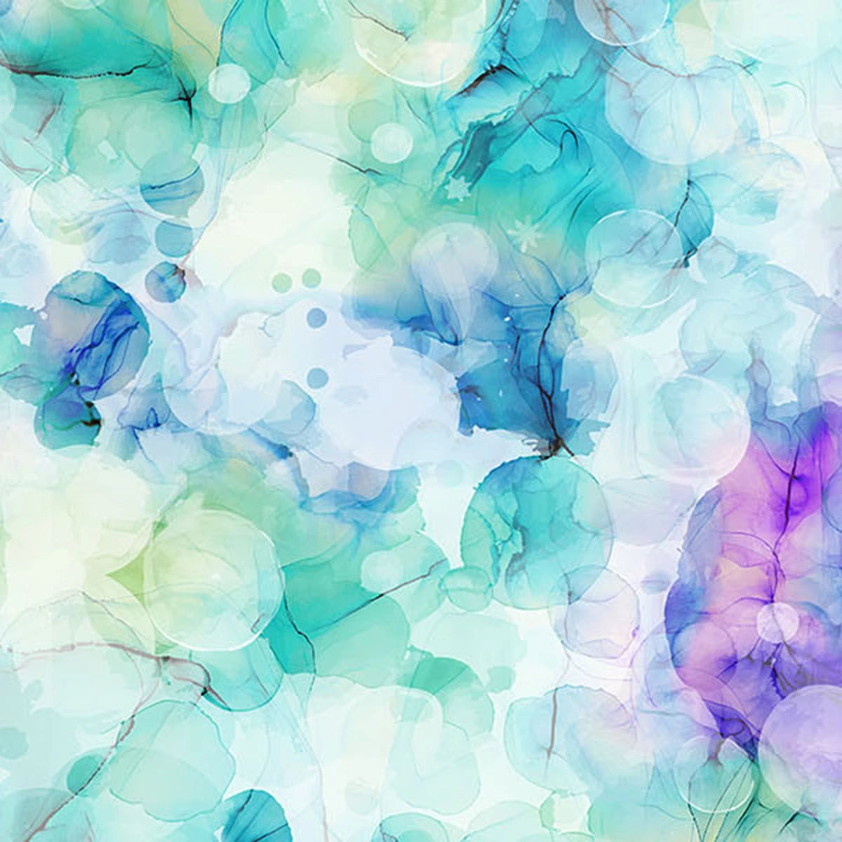 The Infatuation Texture White Fabric Yardage by Northcott features soft, overlapping shapes in blue, turquoise, green, and purple with gentle blending and translucent layers—perfect as inspiration for a quilt background.
