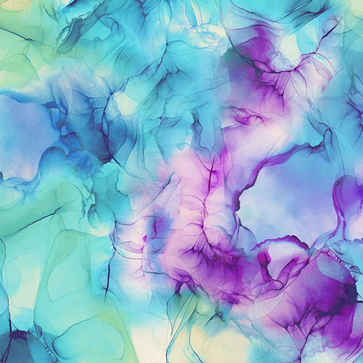 The Infatuation Texture Turquoise Fabric Yardage by Northcott features dreamy, marbled patterns in blue, teal, purple, and yellow that swirl together for a soft, ethereal design.