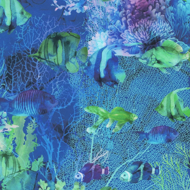 Colorful tropical fish and coral decorate the Coral Reef Navy Multi Fish Fabric Yardage by Northcott, set on a vibrant blue background with net-like patterns—ideal for quilting or ocean-themed projects.