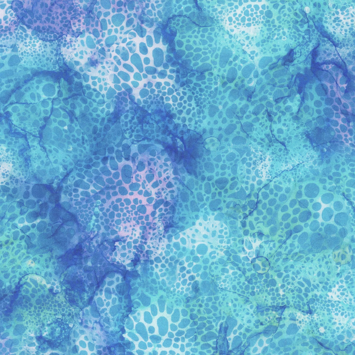 Coral Reef Blue Bubbles Fabric Yardage by Northcott features blue, teal, and purple watercolor textures with cell-like shapes—ideal quilting cotton for vibrant ocean-inspired projects and striking blue bubble designs.