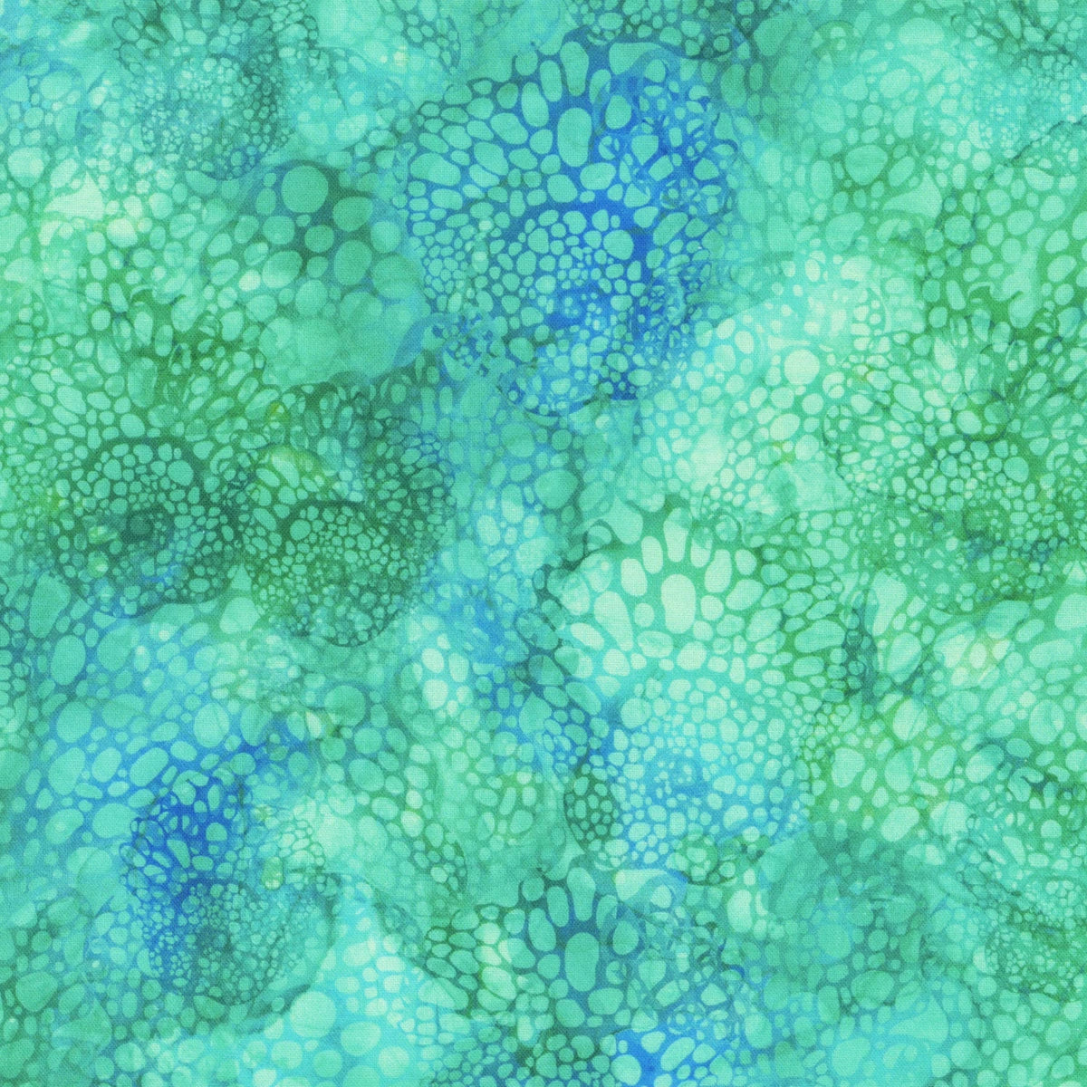 Inspired by underwater quilting, the Coral Reef Turquoise Bubbles Fabric Yardage by Northcott features an abstract pattern of organic blue and green shapes resembling bubbles or pebbles with a watercolor-like effect.