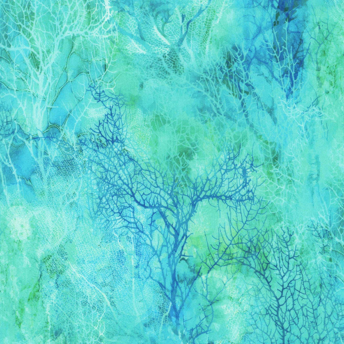 The Coral Reef Turquoise Multi Coral Texture Fabric Yardage by Northcott features intricate blue, teal, and green patterns reminiscent of underwater coral, creating a tranquil oceanic vibe—perfect for coastal-inspired quilting projects.