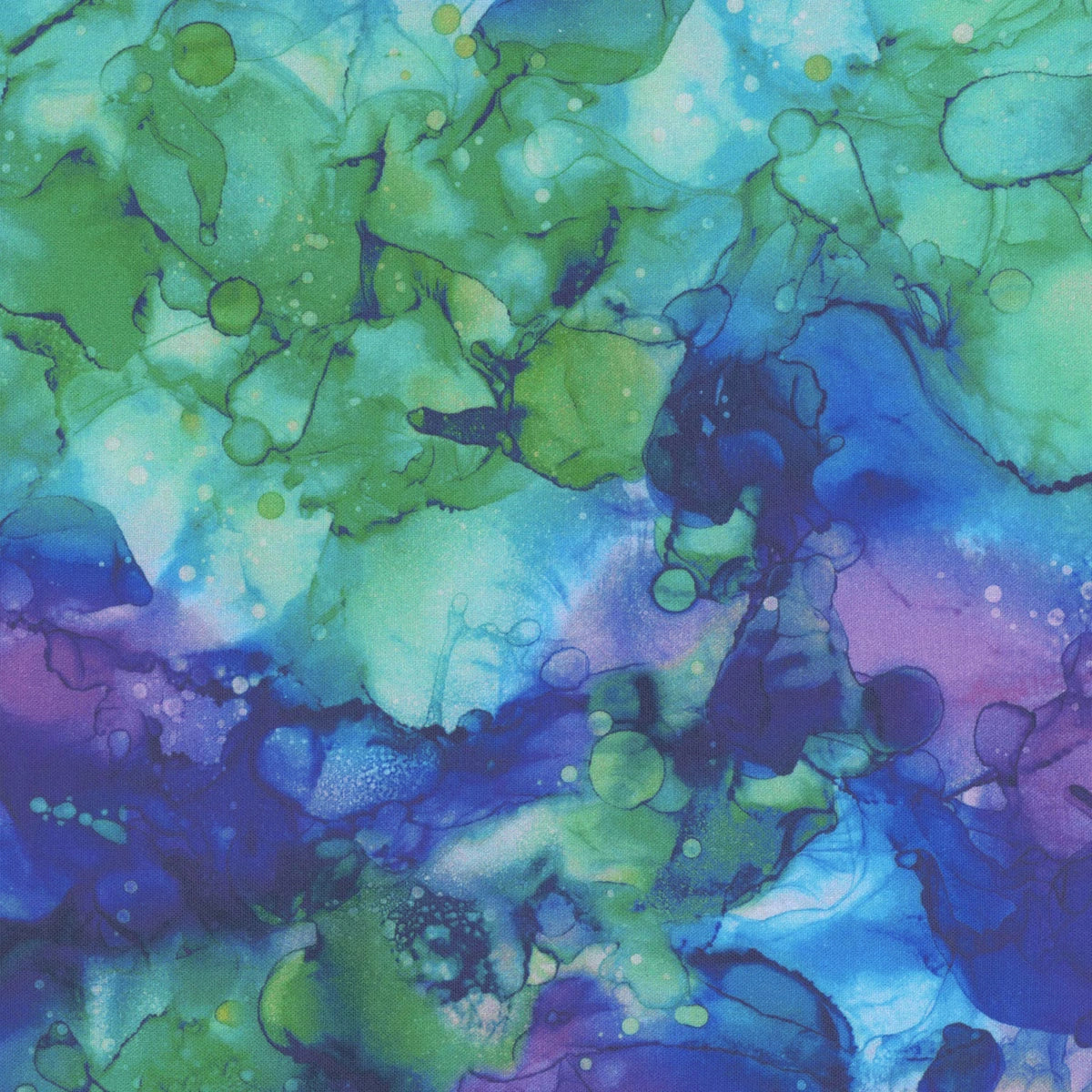 Abstract image with swirling green, blue, and purple shapes resembles the Coral Reef Turquoise Multi Texture Fabric Yardage from Northcott, featuring fluid lines and scattered spots for a vibrant, fabric-inspired design.