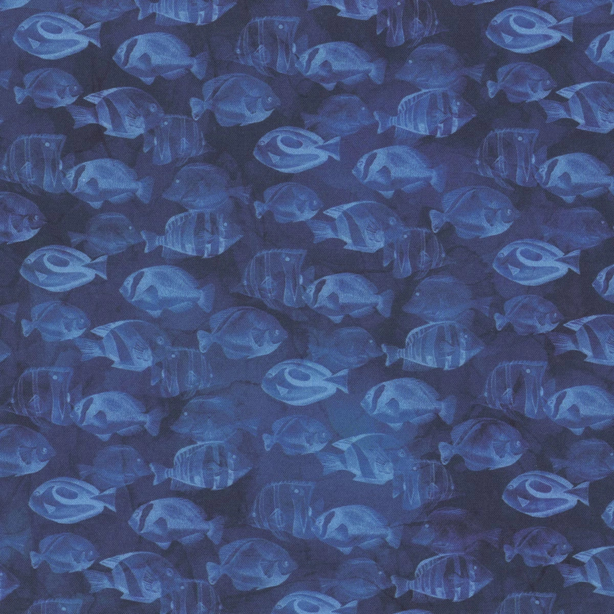 Northcott’s Coral Reef Navy Fish Blender Fabric Yardage features a seamless pattern of blue fish on dark navy, evoking an underwater feel—ideal for Coral Reef projects or ocean-themed quilting and cotton crafts.