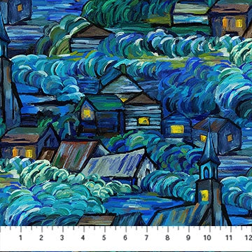 Starry Night Dark Blue Multi Scenic fabric yardage