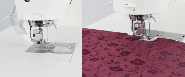 The JUKI Smart Feed dual feed engaged at the needle of the Hayate DX-4500QVP, beside a dark red patterned fabric being sewn.