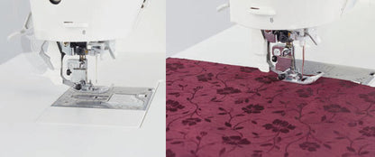 The JUKI Smart Feed dual feed engaged at the needle of the Hayate DX-4500QVP, beside a dark red patterned fabric being sewn.
