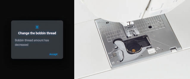 The bobbin thread sensor alert on the JUKI Hayate DX-4500QVP screen reading that the bobbin thread amount has decreased, beside the open bobbin area.