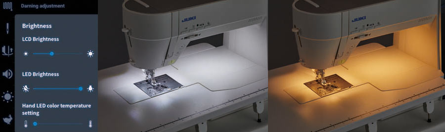 The LED brightness and color temperature settings on the JUKI Hayate DX-4500QVP, beside two needle area photographs lit in cool white and warm white.