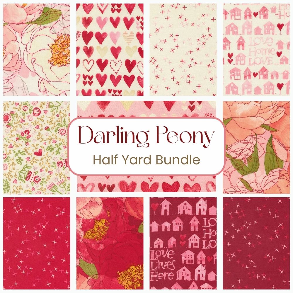 The Darling Peony Half Yard Bundle by United Notions showcases 12 half-yard fabric swatches in pink, red, and white with heart, floral, star, and house patterns. "Darling Peony" text appears at the center.