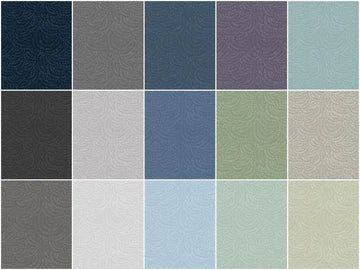 A grid of 15 textured color swatches in muted blues, grays, greens, and beige features a subtle swirling pattern, inspired by the Dear Stella Crimp Cool Colors Fat Quarter Bundle.