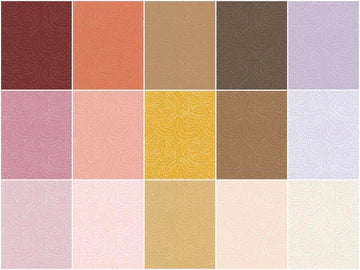 The Crimp Warm Colors Half Yard Bundle by Dear Stella includes fifteen rectangular swatches in muted hues, each featuring delicate swirl patterns—ideal inspiration for blender quilting fabrics.