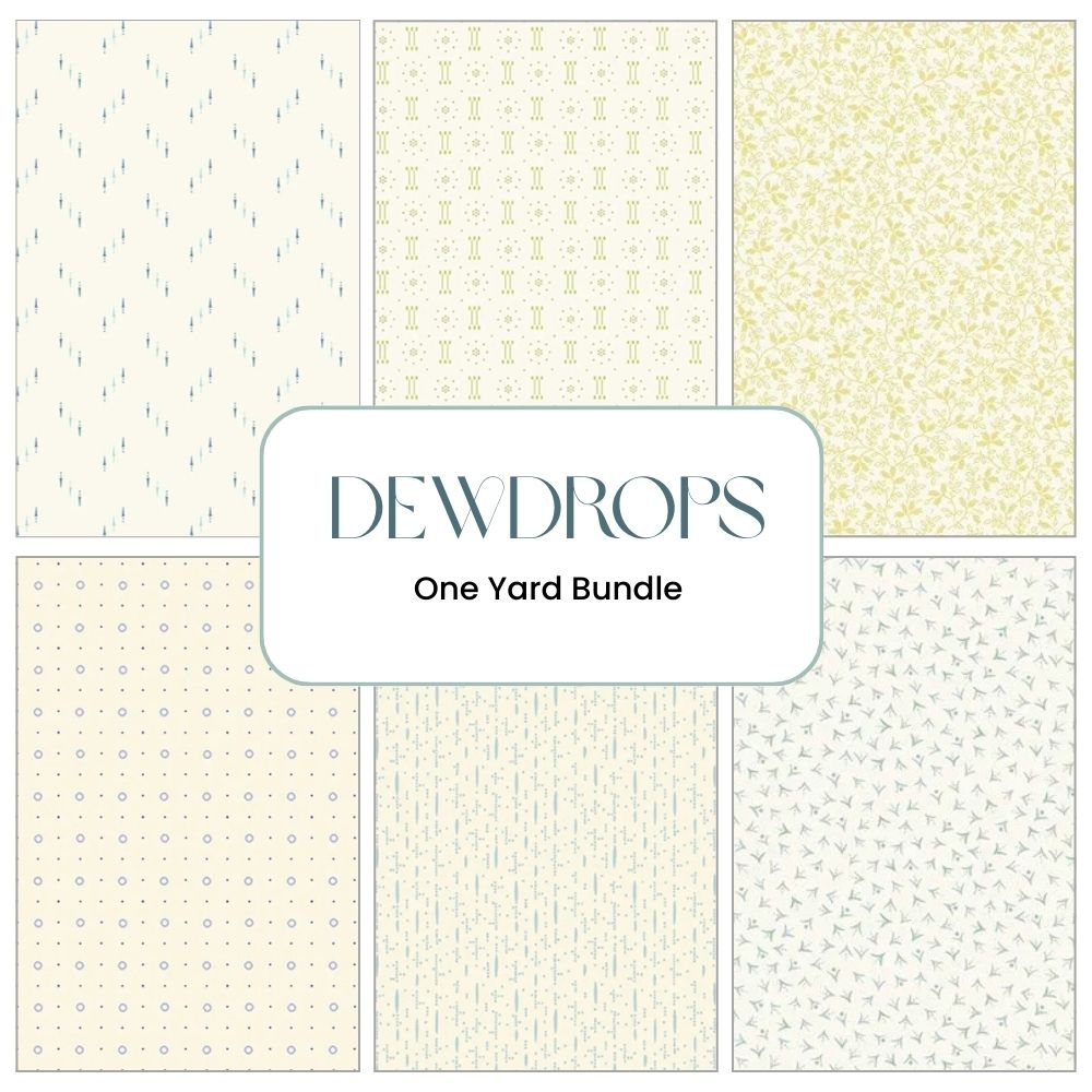 Six pastel fabric samples from Dewdrops Lemon Drop Calico Fabric Yardage are arranged in a grid, with "Dewdrops One Yard Bundle" at the center. Each bundle includes coordinated one-yard cuts with small, delicate shapes and lines.