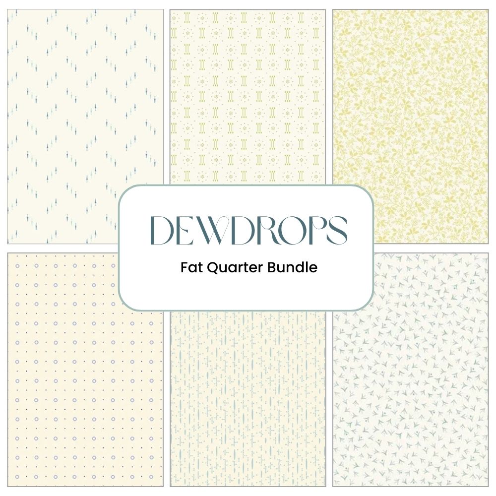 The Dewdrops Fat Quarter Bundle by Dewdrops Blue Steel Arrows Fabric Yardage includes six fabric swatches with subtle dots, lines, and abstract shapes in light blue and yellow on cream—perfect for your fat quarter projects.