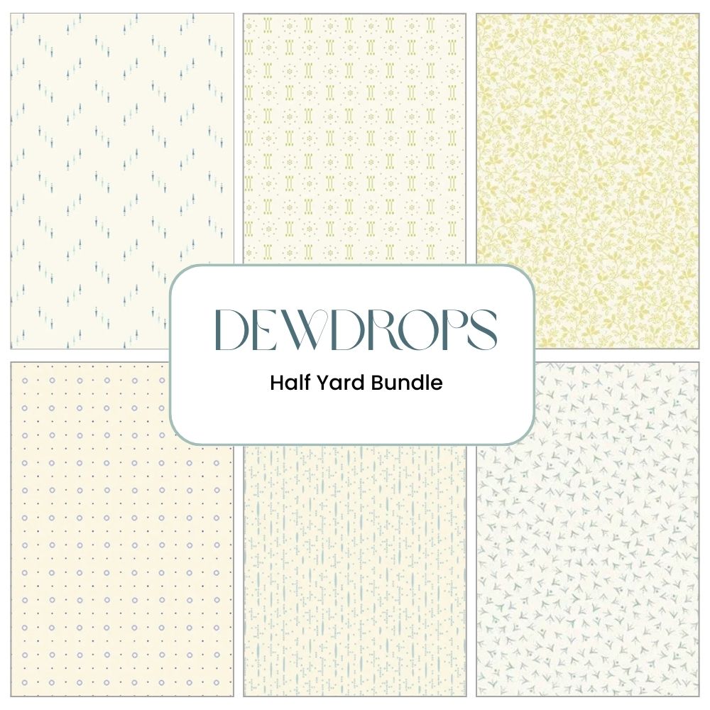Six rectangular fabric swatches in light blue, beige, and yellow with subtle patterns surround a label reading Dewdrops Half Yard Bundle by Dewdrops Lime Bars and Dots Fabric Yardage, showcasing this charming set of coordinating half-yard fabrics.