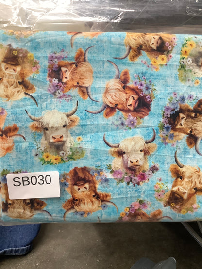 Utterly Adorable Highland Cow Floral Blue fabric short bolt 6 yards