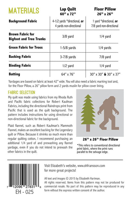 A materials list for making a lap quilt (60 x 72) or floor pillow (26 x 26) using the Legendary Quilt Pattern. Includes fabric and batting needs, fabric tips, a note on choosing prints, and a photo of the finished pillow.