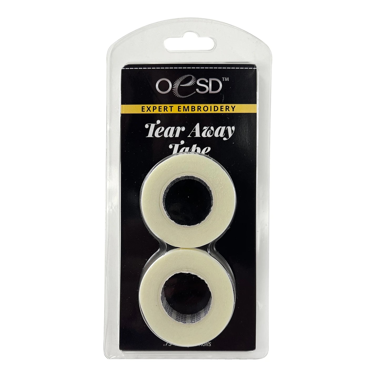 A package of OESD Expert Embroidery Tape Tear Away, including 2 rolls (3/4in x 10yds), for in-the-hoop embroidery, comes in clear plastic packaging with a black and yellow label.
