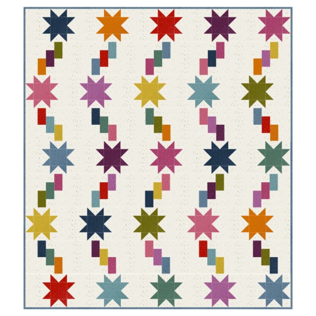 The Fairy Dust Quilt Kit by Quilted Joy features rows of colorful eight-pointed stars with diagonal, stepped stripes on a white background and a slim blue border.