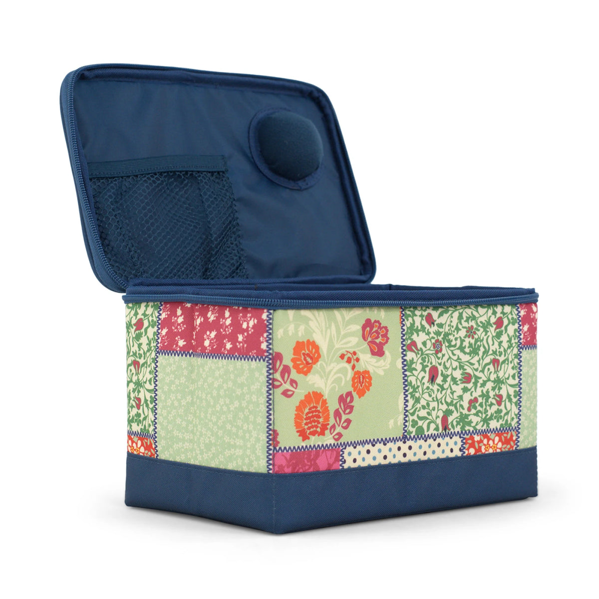 Sewing Box Organizer patchwork with sewing supplies organized inside