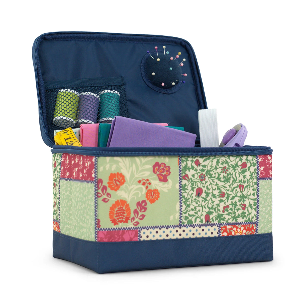 Sewing Box Organizer patchwork side view showing depth and handles