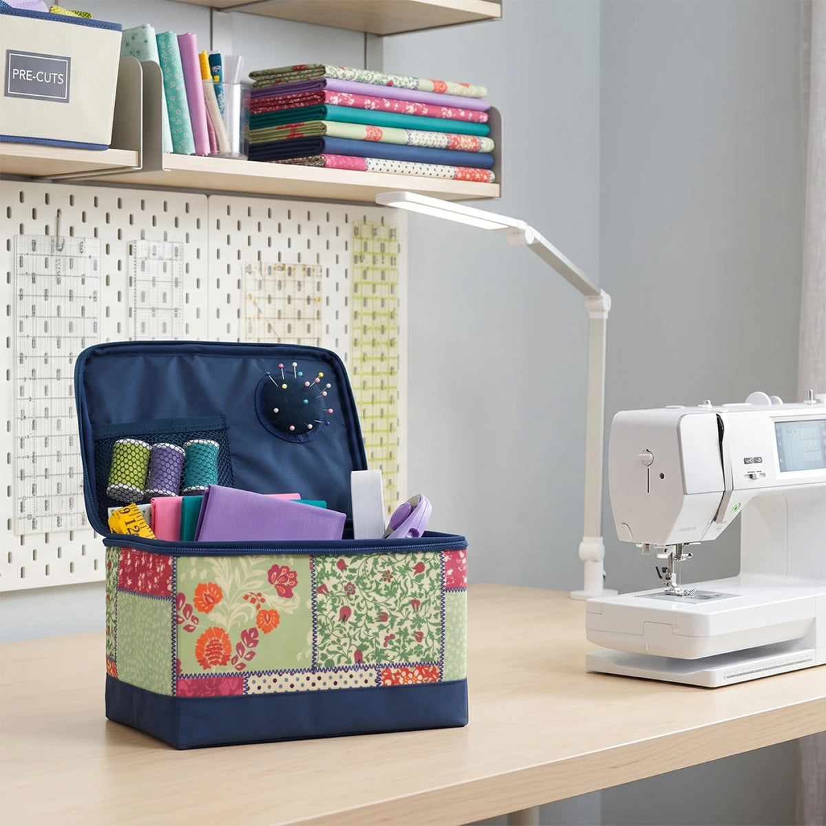 Sewing Box Organizer patchwork back view with fabric details