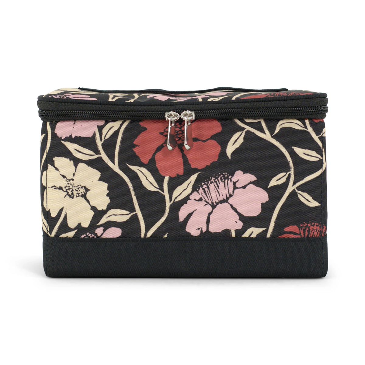 Sewing Box Organizer red floral open showing interior compartments