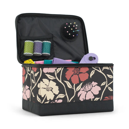 Sewing Box Organizer red floral with sewing supplies organized