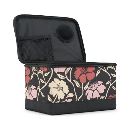 Sewing Box Organizer red floral side view showing depth and handles