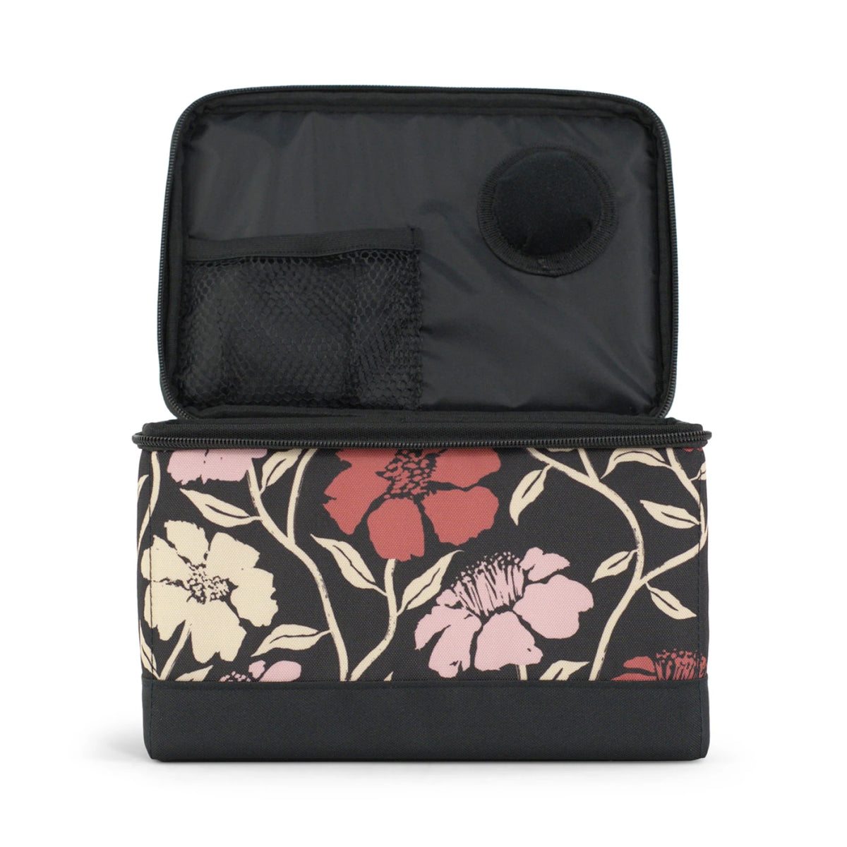 Sewing Box Organizer red floral fabric close-up pattern detail