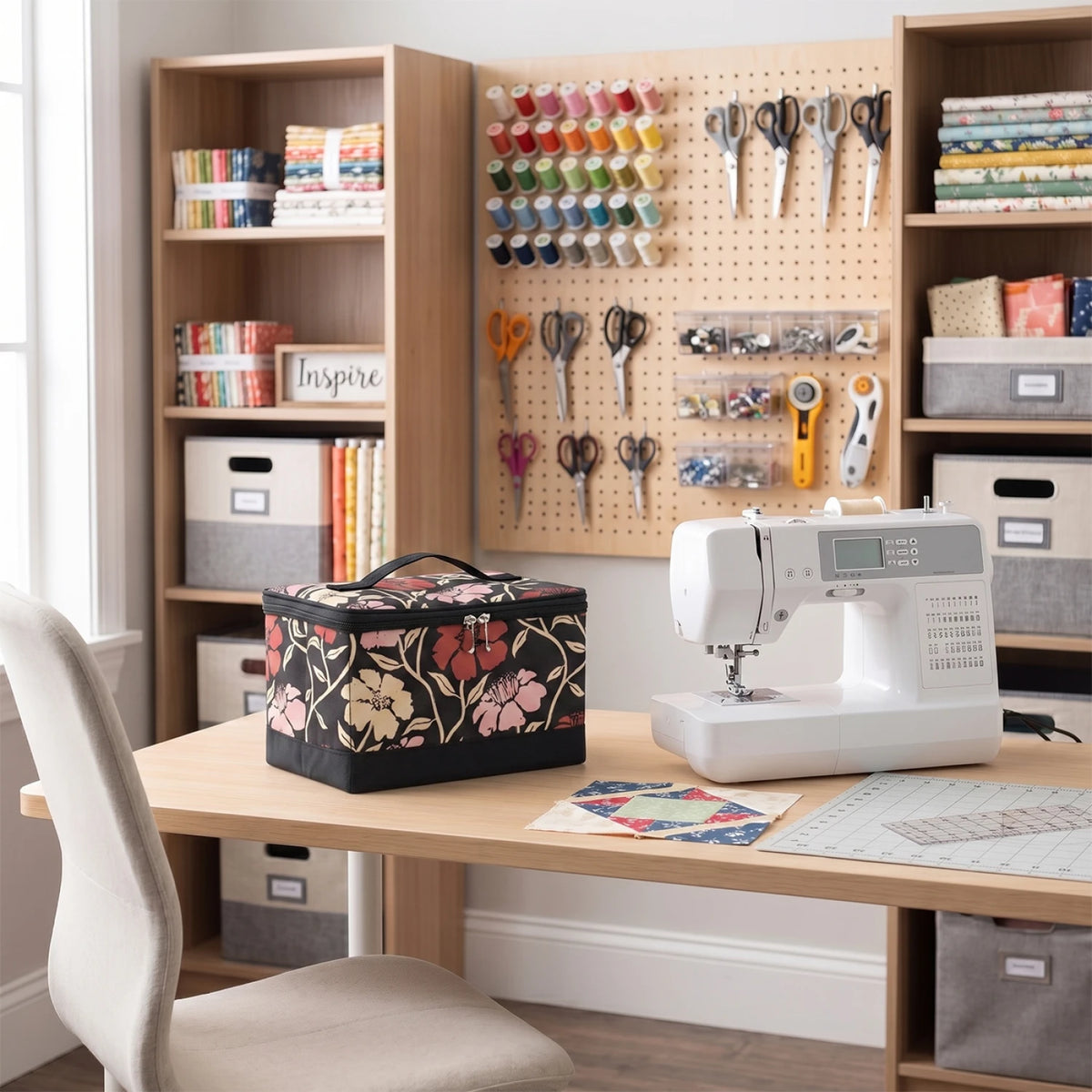 Sewing Box Organizer red floral back view with handle detail