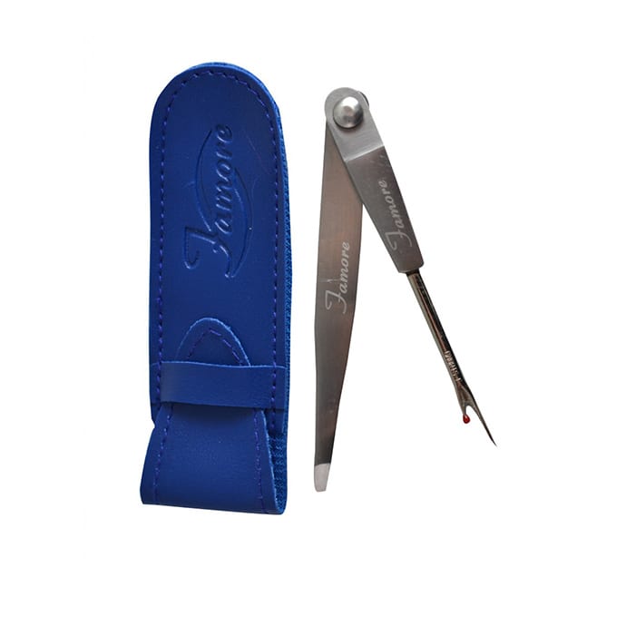 image of EZ Rip N Grip seam ripper and tweezer combo with its blue leather case