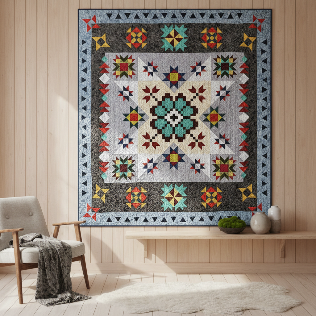 The Echoes of Iceland Quilt Kit by Quilted Joy, featuring colorful geometric star patterns inspired by Iceland, hangs on a wood-paneled wall in a modern room with a chair, throw blanket, and bowl of green decorative balls.