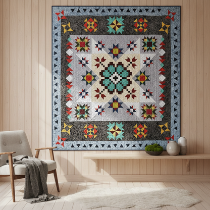 The Echoes of Iceland Quilt Kit by Quilted Joy, featuring colorful geometric star patterns inspired by Iceland, hangs on a wood-paneled wall in a modern room with a chair, throw blanket, and bowl of green decorative balls.