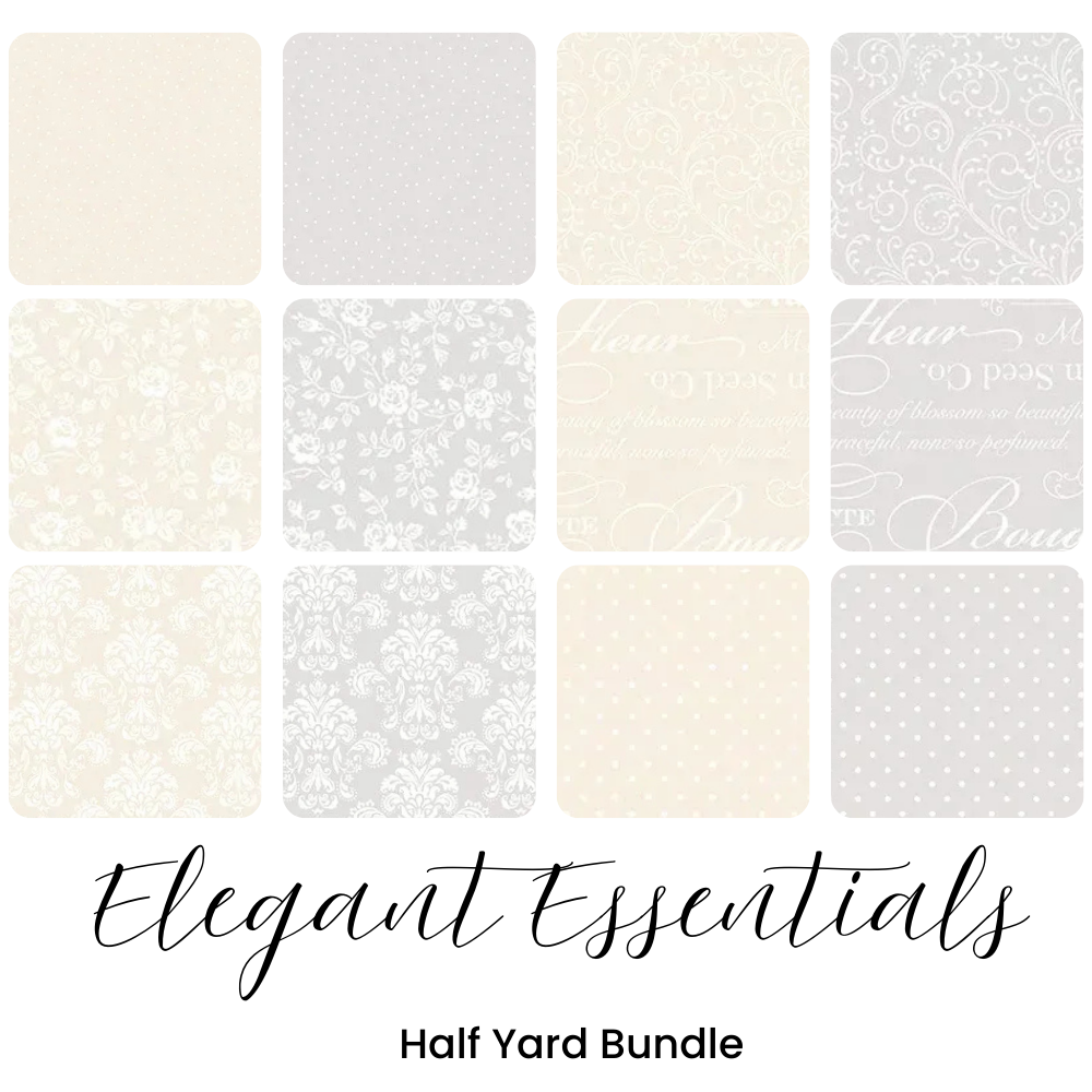 The Riley Blake Elegant Essentials Half Yard Bundle includes twelve fabric cuts in soft beige and gray, featuring elegant florals, script, polka dots, and damask patterns.