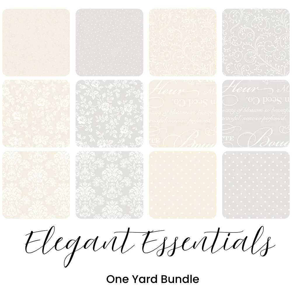 The Elegant Essentials One Yard Bundle by Riley Blake includes twelve one-yard cuts in soft beige, cream, and gray with elegant florals, polka dots, script, and swirl patterns.