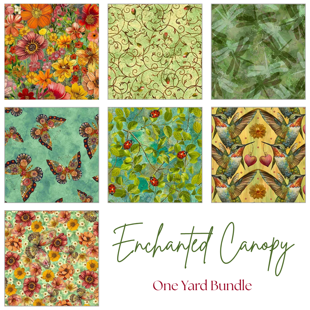 The Enchanted Canopy One Yard Bundle by Jaftex - Blank Quilting features seven vibrant fabric squares with floral, butterfly, leaf, and abstract designs—perfect for nature-themed quilting cotton projects.