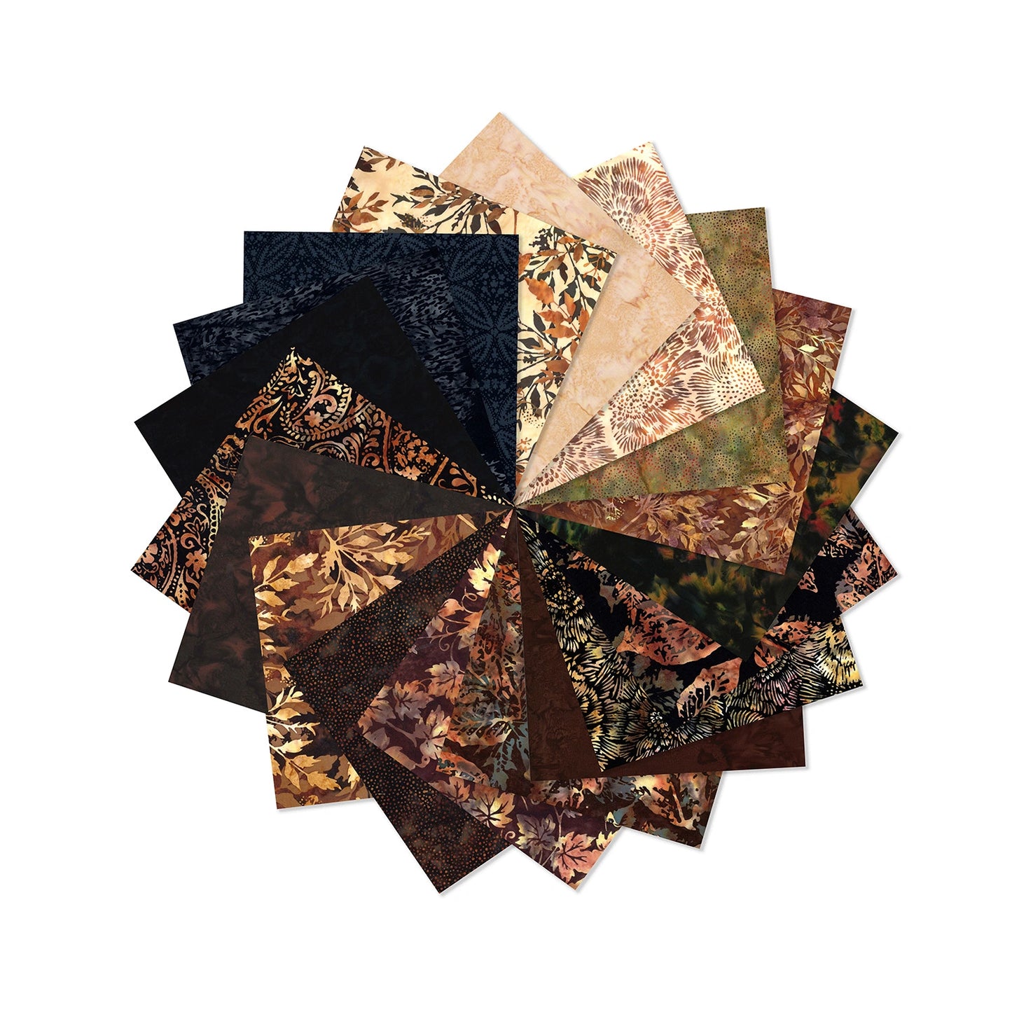 The Bali Batiks Coffee Fat Quarter Bundle by Hoffman Fabrics showcases a circular display of batik fabric squares with earth-toned leaf and floral patterns in brown, tan, black, and gold on a white background.