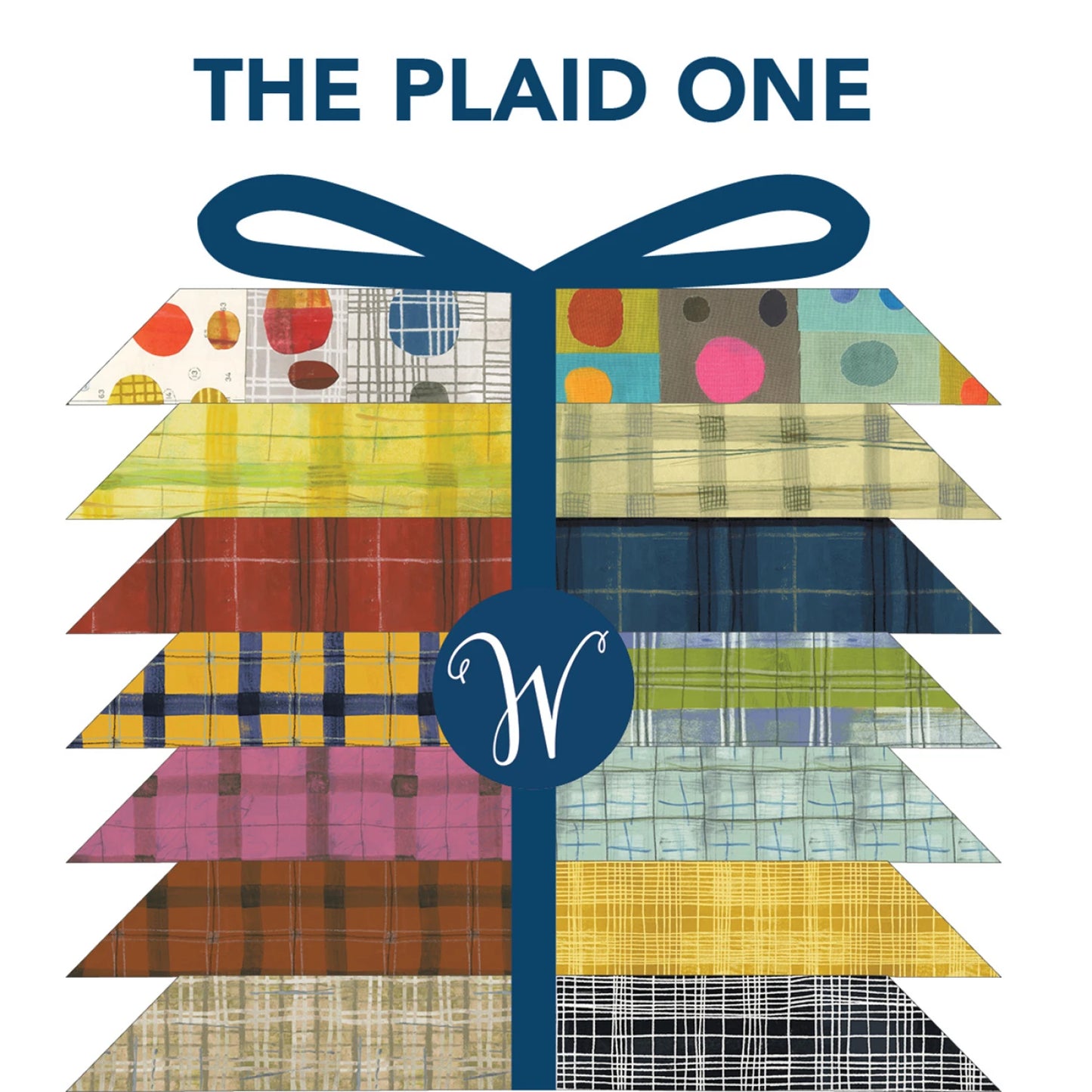 The Plaid One Fat Quarter Bundle 29pc. by Windham Fabrics features colorful plaid and patterned fabric swatches in two columns, tied with a blue ribbon. "THE PLAID ONE" text appears at top—perfect for unique projects.