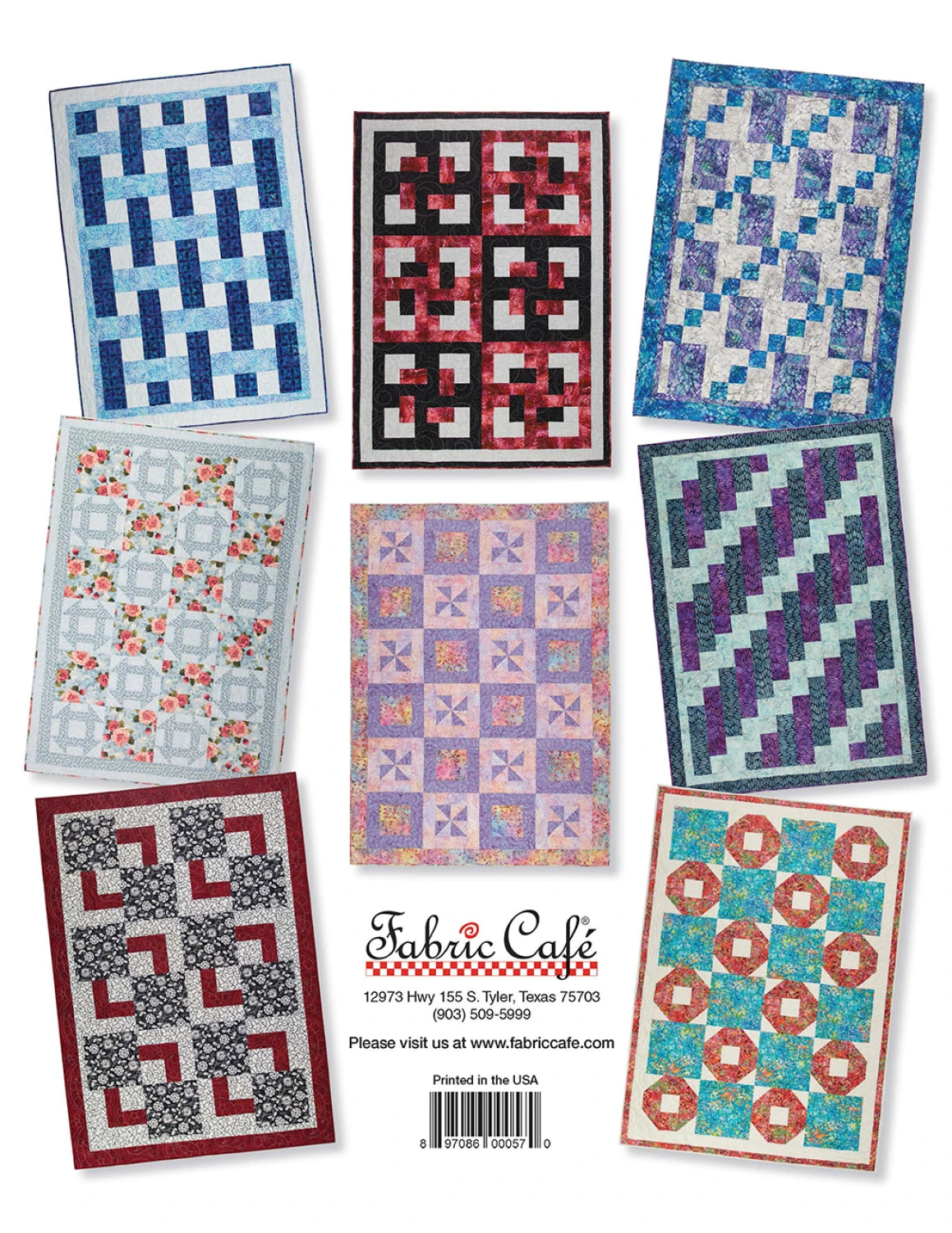 Quick As A Wink 3-Yard Quilts by Checker Distributor features eight vibrant quilt designs, each with unique shapes and colors—ideal for adding creativity to your home. Includes the brand’s logo and contact details for easy reference.