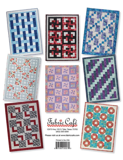 Quick As A Wink 3-Yard Quilts by Checker Distributor features eight vibrant quilt designs, each with unique shapes and colors—ideal for adding creativity to your home. Includes the brand’s logo and contact details for easy reference.
