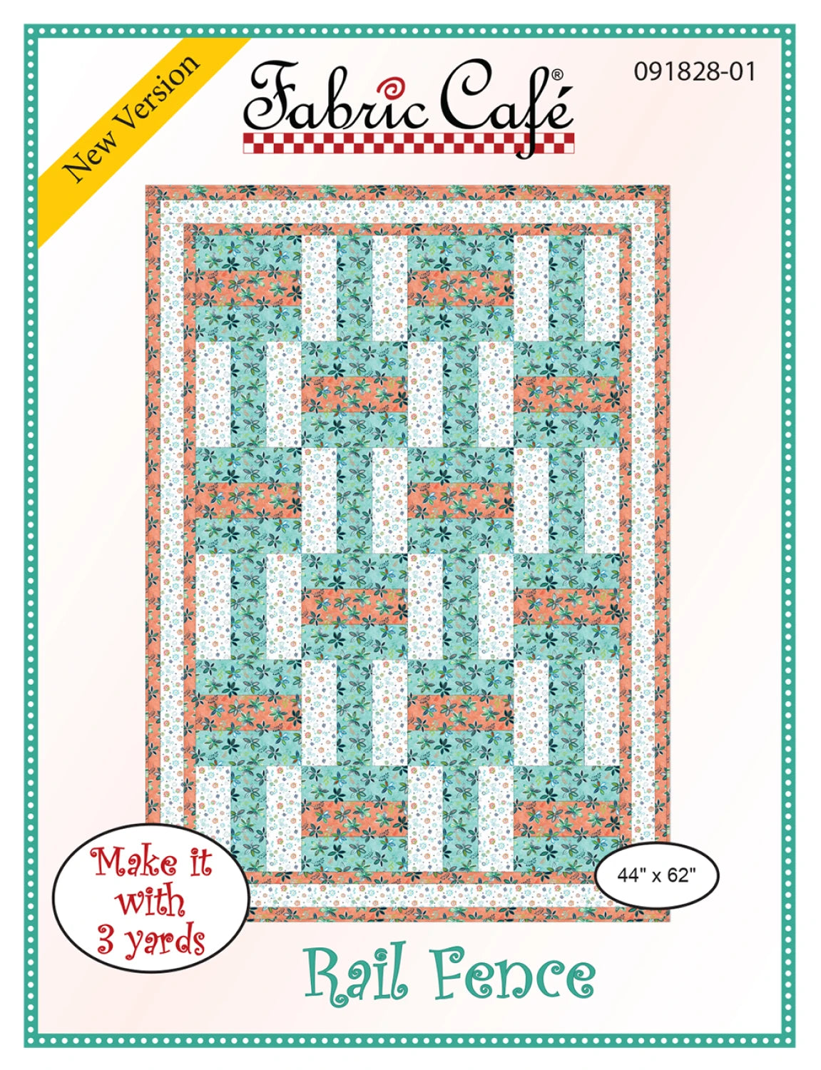 The Rail Fence 3 Yard Quilt Pattern by Checker Distributor features teal, white, and orange floral prints in a Rail Fence design. The quilt pattern finishes at 44"x62".