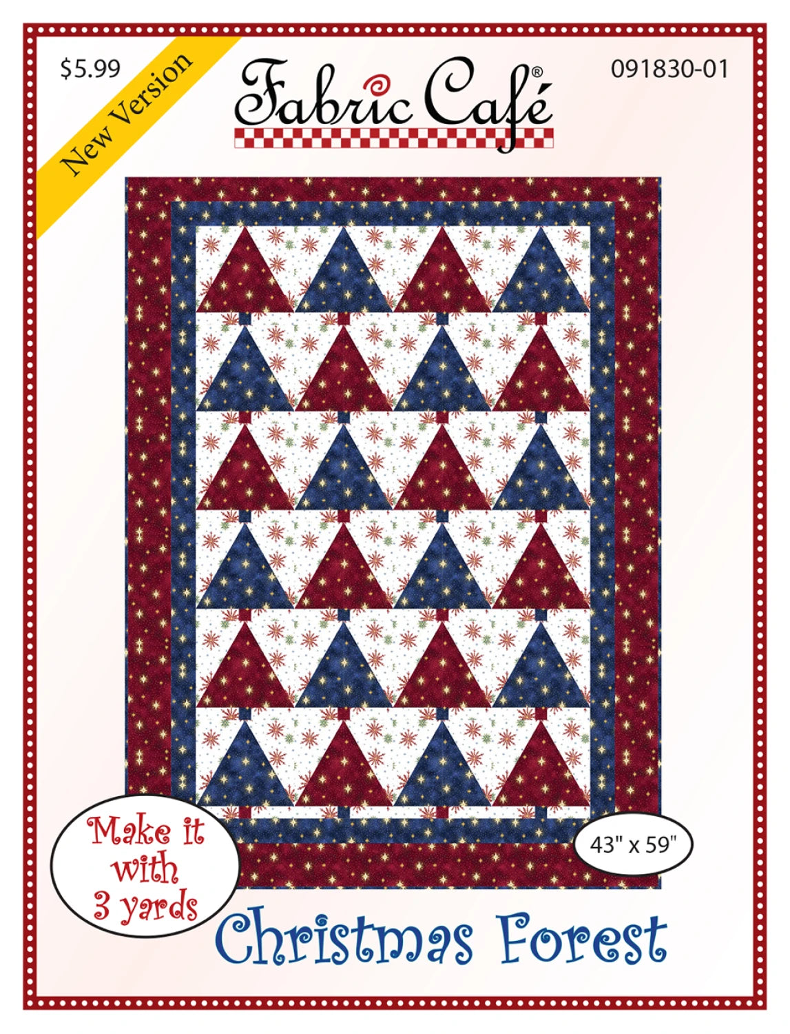 Christmas Forest 3-Yard Quilt Pattern by Checker Distributor features a red, white, and blue design with a red border. This new 3-yard pattern version measures 43" x 59" for the quilt top.
