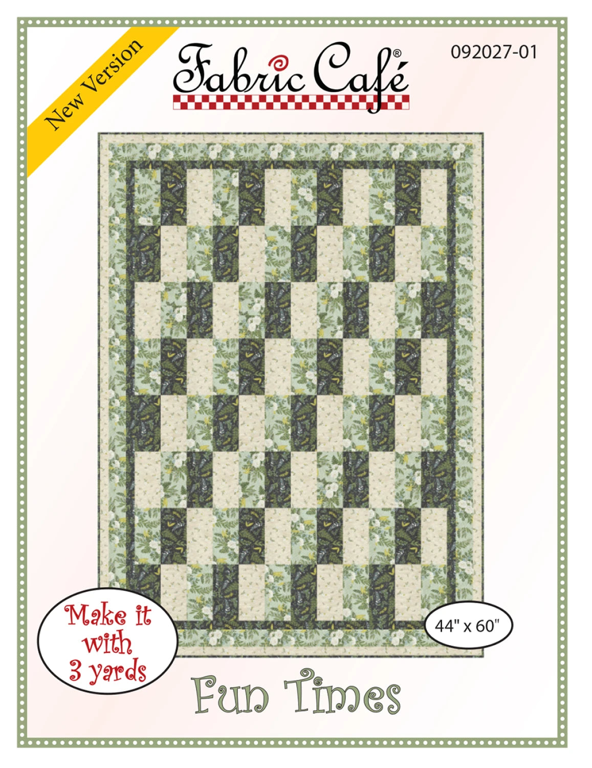 The Fun Times 3 Yard Quilt Pattern by Checker Distributor features a green and cream checkerboard lap quilt (44" x 60"), perfect for easy crafting.