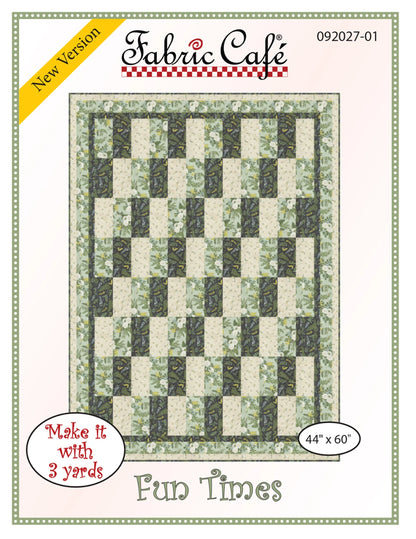 The Fun Times 3 Yard Quilt Pattern by Checker Distributor features a green and cream checkerboard lap quilt (44" x 60"), perfect for easy crafting.