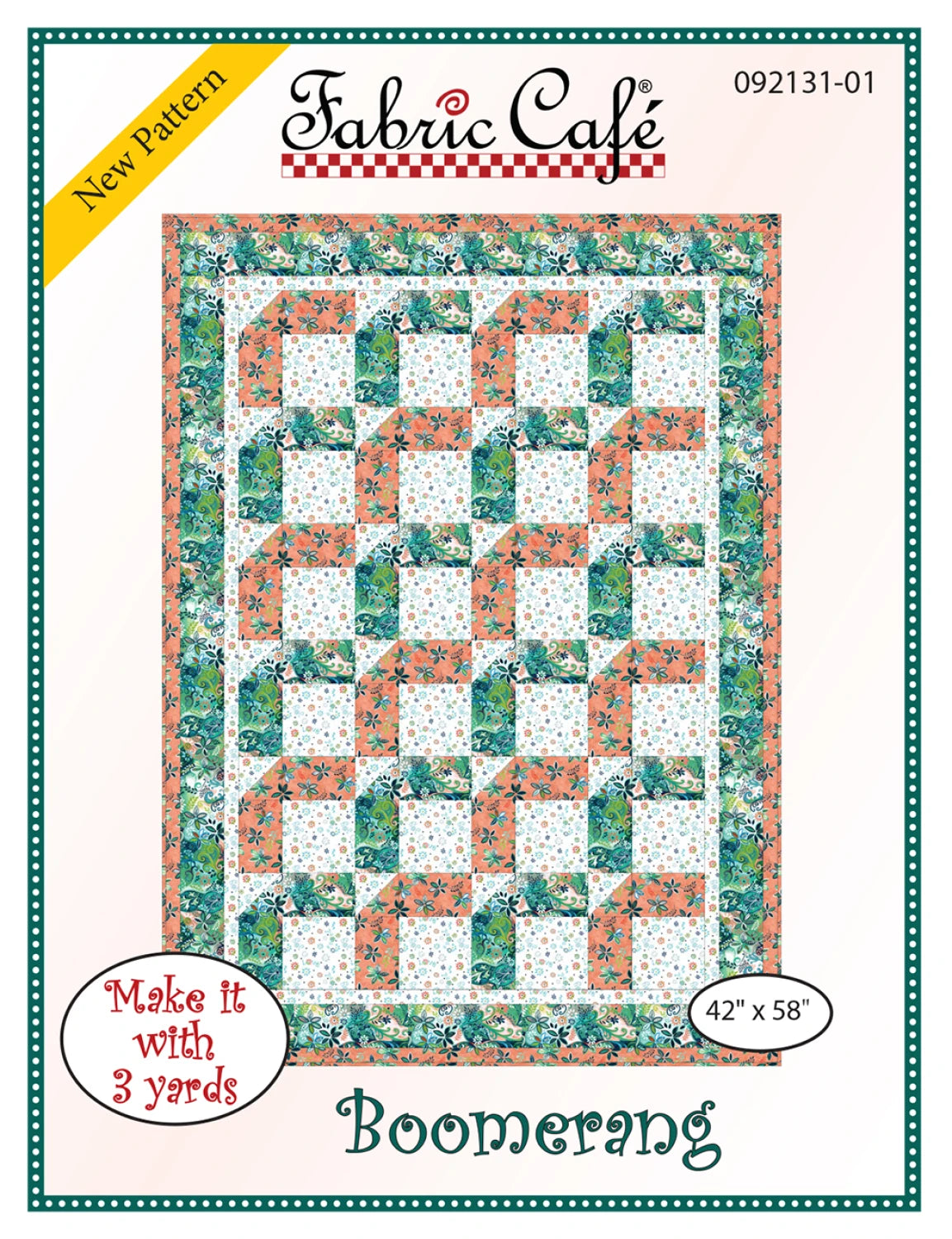 The Boomerang 3 Yard Quilt Pattern by Checker Distributor features interlocking blocks in peach, green, and white floral prints. New pattern! Lap size quilt with a finished size of 42"x58".